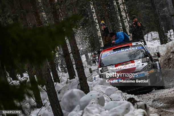 Kalle Rovanpera of Finland and Jonne Halttunen of Finland compete in their Toyota Gazoo Racing WRT Toyota GR Yaris Rally1 Hybrid during Day One of...