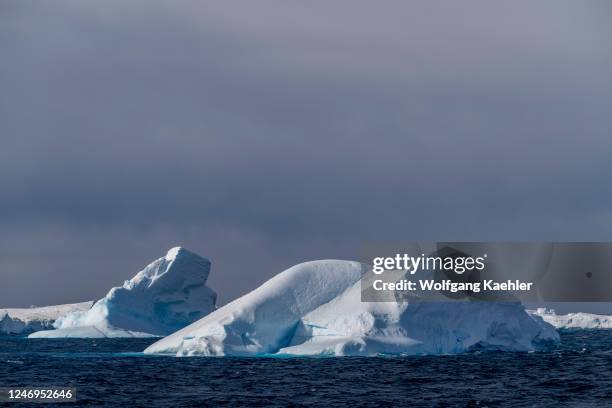 View of icebergs in near Paulet Island in the Weddell Sea near the tip of the Antarctic Peninsula, Antarctica.