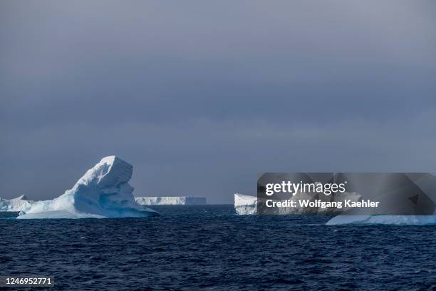 View of icebergs in near Paulet Island in the Weddell Sea near the tip of the Antarctic Peninsula, Antarctica.