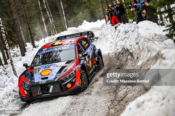 Thierry Neuville of Belgium and Martijn Wydaeghe of Belgium compete in their Hyundai Shell Mobis WRT Hyundai i20 N Rally1 Hybrid during Day One of...