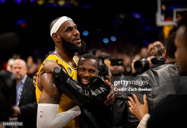 Rich Paul hugs LeBron James of the Los Angeles Lakers after the game against the Oklahoma City Thunder on February 7, 2023 at Crypto.Com Arena in Los...