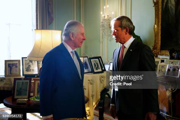 King Charles III receives astronaut Chris Hadfield from Canada, during an audience at Buckingham Palace on February 9, 2023 in London, England. Mr...
