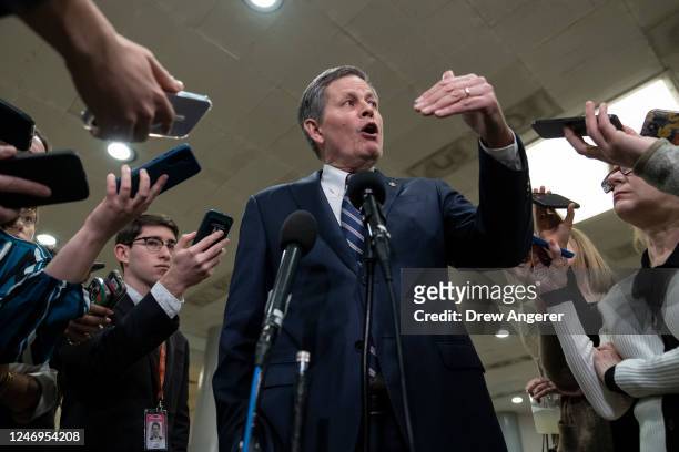 Sen. Steve Daines speaks to reporters after he attended a closed-door briefing for Senators about the Chinese spy balloon at the U.S. Capitol...