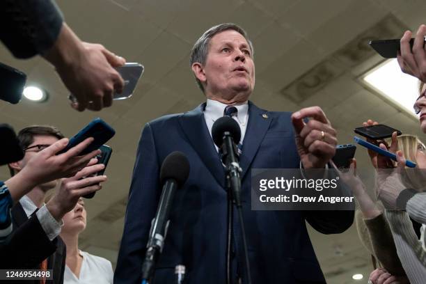 Sen. Steve Daines speaks to reporters after he attended a closed-door briefing for Senators about the Chinese spy balloon at the U.S. Capitol...