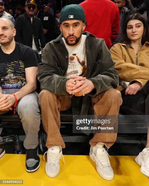 Bad Bunny attends the Los Angeles Lakers game against the Oklahoma City Thunder on February 7, 2023 at Crypto.Com Arena in Los Angeles, California....