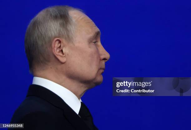 Russian President Vladimir Putin seen during an event marking the 100th anniversary of domestic civil aviation at the State Kremlin Palace, on...