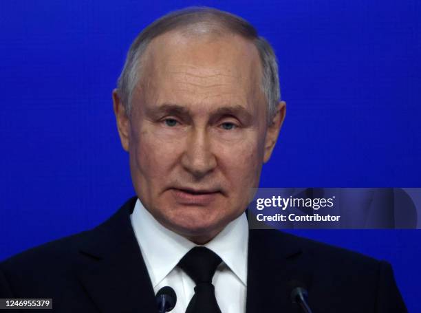 Russian President Vladimir Putin speaks during an event marking the 100th anniversary of domestic civil aviation at the State Kremlin Palace, on...