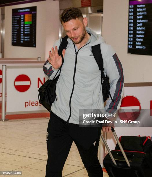 Dan Biggar is pictured as the Wales rugby team arrive at Edinburgh Airport ahead of their Guinness Six Nations match with Scotland, on February 2023,...