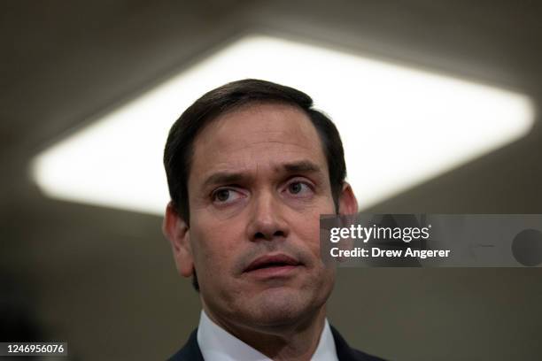 Sen. Marco Rubio speaks to reporters after he attended a closed-door briefing for Senators about the Chinese spy balloon at the U.S. Capitol February...