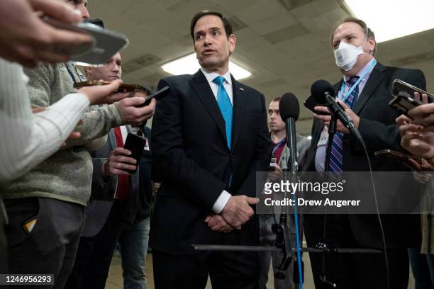 Sen. Marco Rubio speaks to reporters after he attended a closed-door briefing for Senators about the Chinese spy balloon at the U.S. Capitol February...