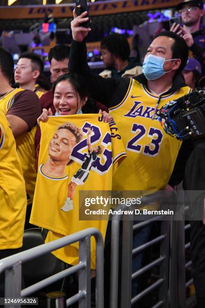 Fans attend the Oklahoma City Thunder game against the Los Angeles Lakers on February 7, 2023 at Crypto.Com Arena in Los Angeles, California. NOTE TO...