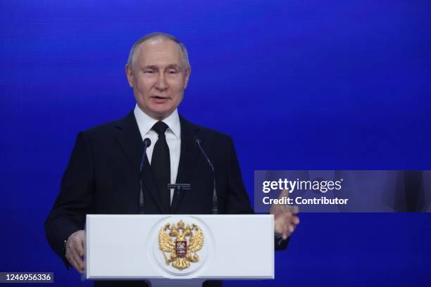 Russian President Vladimir Putin speeches during an event marking the 100th anniversary of domestic civil aviation at the State Kremlin Palace, on...