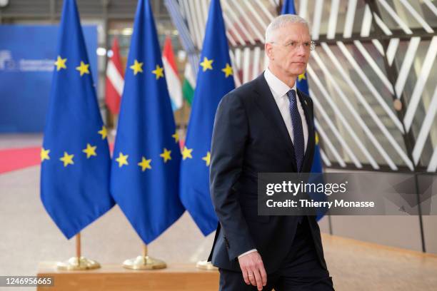 Latvian Prime Minister Krisjanis Karins arrives for an European Union leaders summit at the European Council headquarters on February 9, 2023 in...