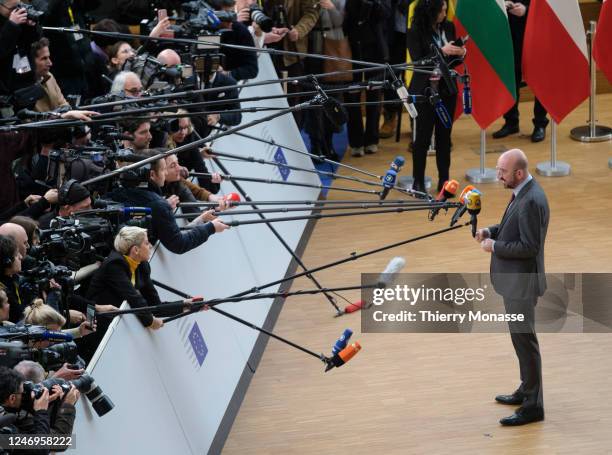 President of the European Council Charles Michel arrives for an European Union leaders summit at the European Council headquarters on February 9,...