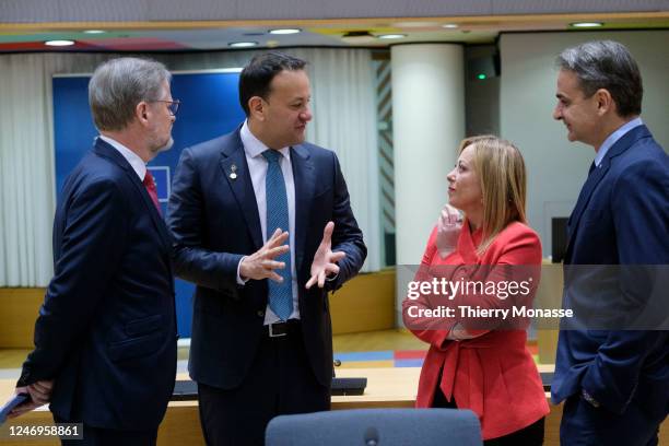 Czech Prime Minister Petr Fiala is talking with the Irish Taoiseach Leo Varadkar, the Italian Prime Minister Giorgia Meloni and the Greece Prime...