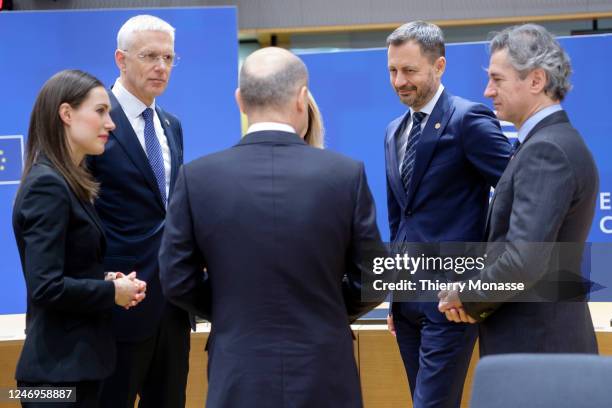 Finish Prime Minister Sanna Mirella Marin is talking with the Latvian Prime Minister Krisjanis Karins, the German Chancellor Olaf Scholz, the...