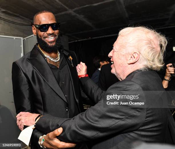 Phil Knight and LeBron James of the Los Angeles Lakers talk after the game against the Oklahoma City Thunder on February 7, 2023 at Crypto.Com Arena...