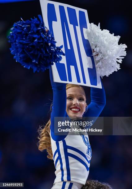 Kentucky Wildcats cheerleader is seen during the game against the Florida Gators at Rupp Arena on February 4, 2023 in Lexington, Kentucky.
