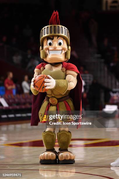 The USC mascot looks on during the college basketball game between the Washington State Cougars and the USC Trojans on February 2, 2023 at Galen...