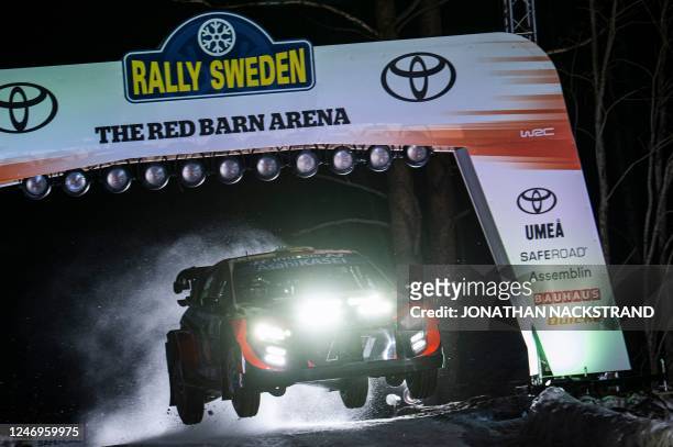 Thierry Neuville of Belgium and his co-driver Martijn Wydaeghe of Belgium steer their Hyundai i20 Rally 1 HYBRID during the 1st stage of the Rally...