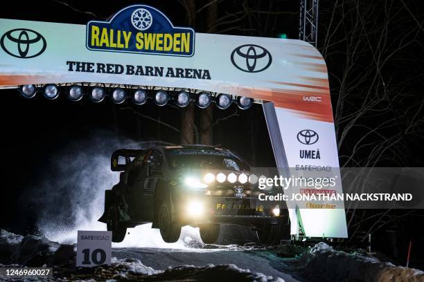 Lorenzo Bertelli of Italy and his co-driver Simone Scattolin of Italy steer their Toyota GR Yaris Rally 1 HYBRID during the 1st stage of the Rally...