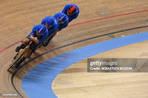 Italys Jonathan Milan, Manlio Moro, Francesco Lamon and Filippo Ganna compete in the Mens Team Pursuit during the UEC Track Elite European...