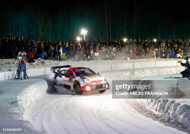 Elfyn Evans of Great Britain and his co-driver Scott Martin of Great Britain steer their Toyota GR Yaris Rally 1 HYBRID during the 1st stage of the...