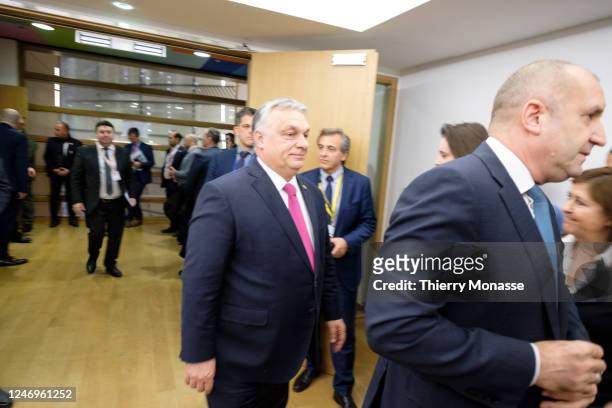 Hungarian Prime Minister Viktor Mihaly Orban and the Bulgarian President Rumen Georgiev Radev leave after a meeting with Ukrainian President...
