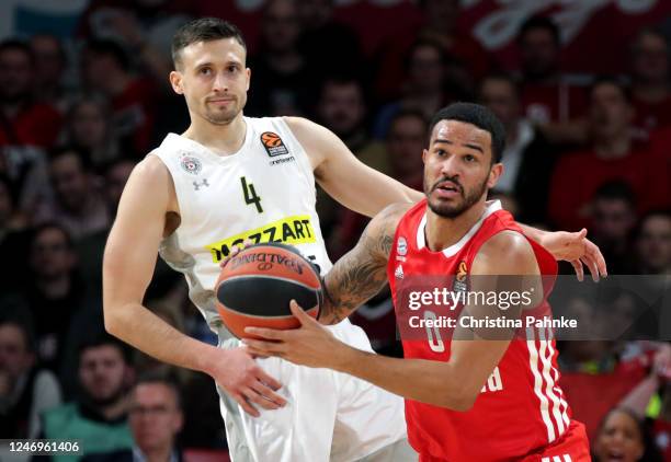 Nick Weiler-Babb, #0 of FC Bayern Munich and Aleksa Avramovic, #4 of Partizan Mozzart Bet Belgrade in action during the 2022-23 Turkish Airlines...