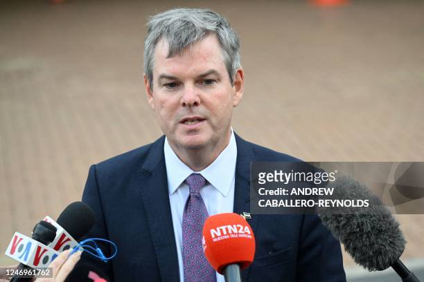 Kevin Sullivan, US Ambassador to Nicaragua, speaks to the press outside the Westin Hotel in Herndon, Virginia, on February 9, 2023 after the arrival...