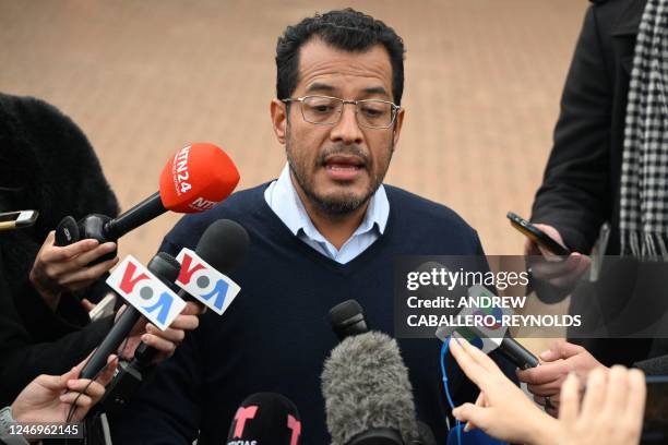Nicaraguan scholar Felix Madariaga speaks to the press outside the Westin Hotel in Herndon, Virginia, on February 9, 2023. - More than 200 detained...