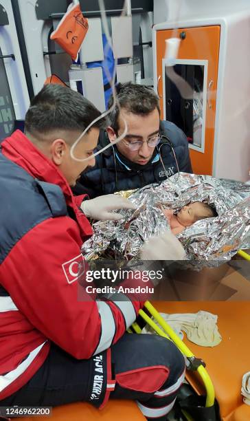 Day-old baby Yagiz Ulas rescued from rubble 90 hours after 7.7 and 7.6 magnitude earthquakes hit multiple provinces of Turkiye including Hatay,...