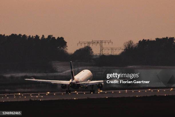 Plane departs from the BER airport on February 09, 2023 in Berlin, Germany.