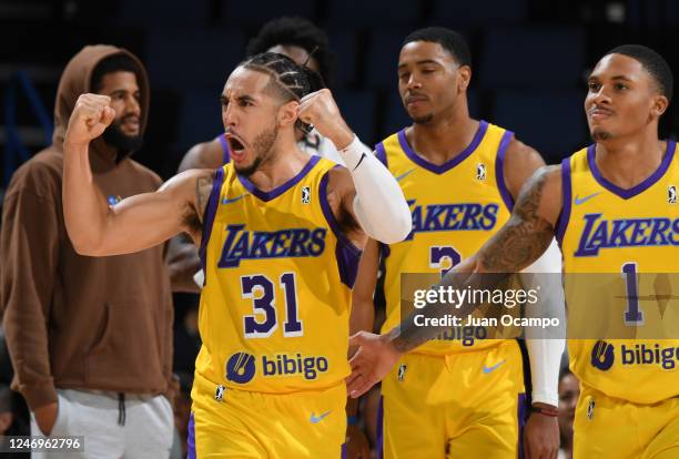 Devin Cannady of the South Bay Lakers shows emotion during the game against the Ontario Clippers on February 9, 2023 at Toyota Arena in Ontario,...