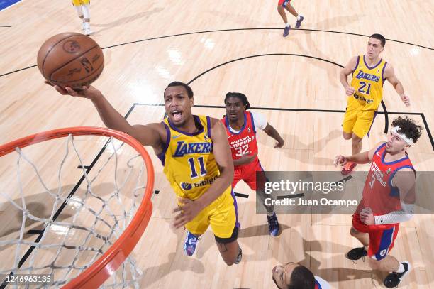 Fabian White Jr. #11 of the South Bay Lakers goes to the basket during the game against the Ontario Clippers on February 9, 2023 at Toyota Arena in...