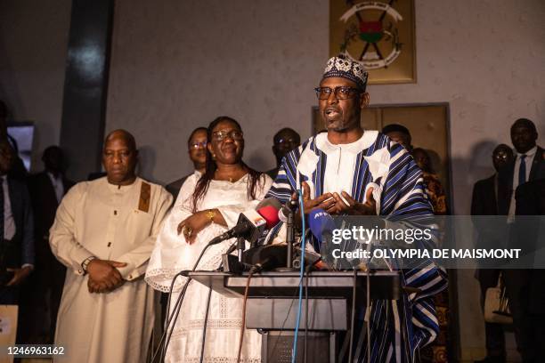 Abdoulaye Diop , Minister of Foreign Affairs of Mali, speaks during a joint press conference with Olivia Rouamba , Minister of Foreign Affairs of...