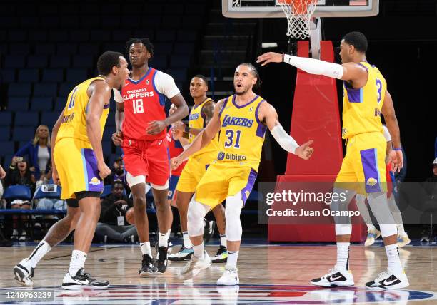 Devin Cannady of the South Bay Lakers shows emotion during the game against the Ontario Clippers on February 9, 2023 at Toyota Arena in Ontario,...