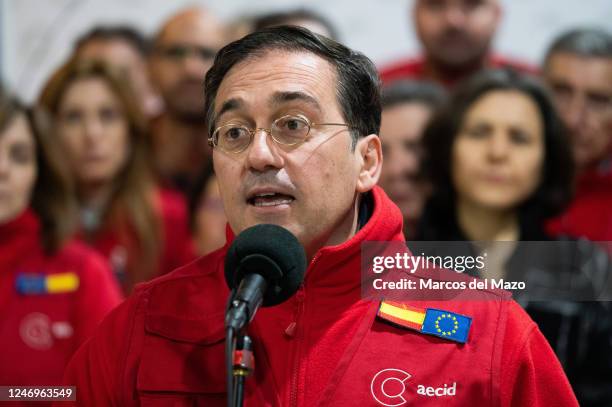 The Minister of Foreign Affairs, European Union and Cooperation, Jose Manuel Albares, speaks to the press ahead of a shipment of an emergency...