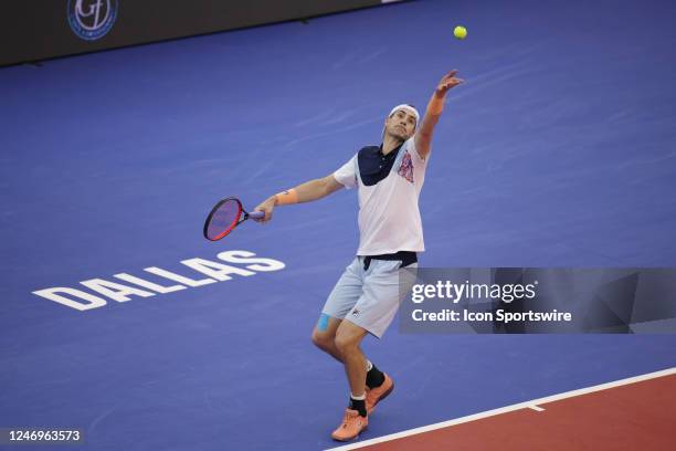John Isner serves during the Dallas Open on February 9, 2023 at the Styslinger/Altec Tennis Complex in Dallas, TX.