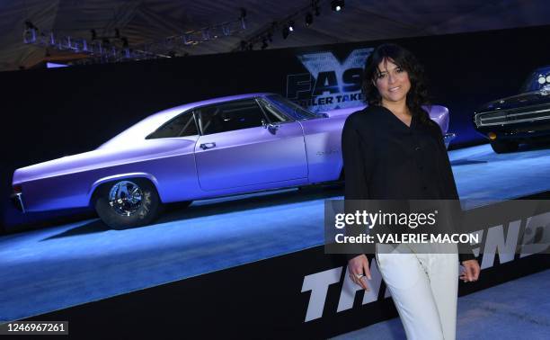 Actress Michelle Rodriguez arrives for "Fast X" trailer launch at the LA Live Event Deck in Los Angeles, California, on February 9, 2023.