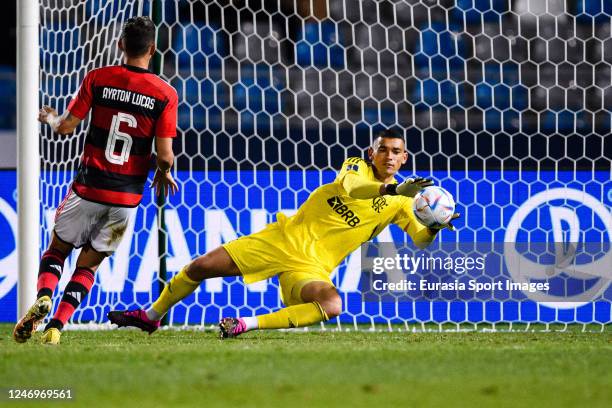 Goalkeeper Aderbar Santos of Flamengo defends the ball during the FIFA Club World Cup Morocco 2022 Semi Final match between Flamengo v Al Hilal SFC...