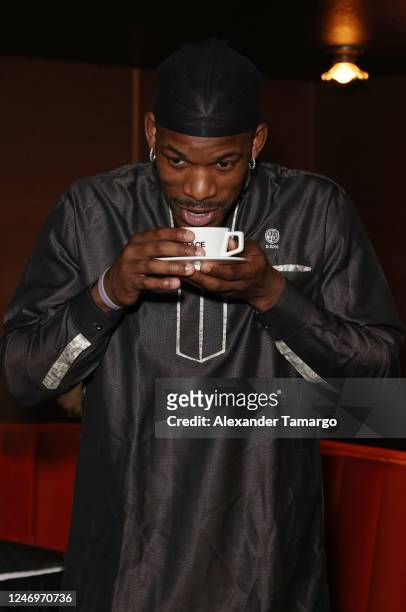 Miami Heat basketball player Jimmy Butler drinks Big Face Coffee at the Haute Living magazine Jimmy Butler celebration at El Tucan on February 9,...