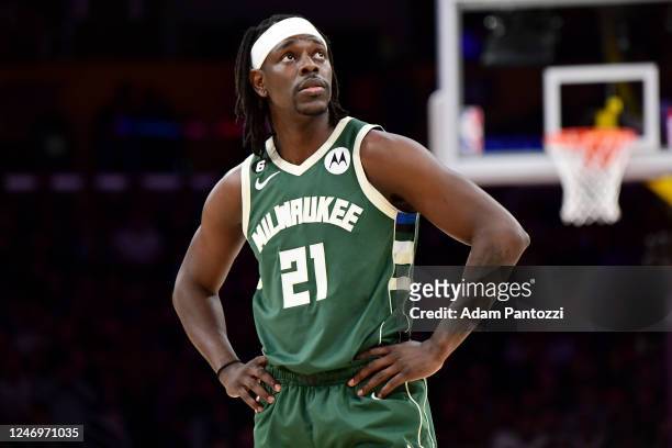 Jrue Holiday of the Milwaukee Bucks looks on during the game against the Los Angeles Lakers on February 9, 2023 at Crypto.Com Arena in Los Angeles,...