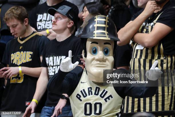 Purdue Boilermakers mascot Purdue Pete does a cheer during a game against the Iowa Hawkeyes on February 9 at Mackey Arena in West Lafayette, Indiana.