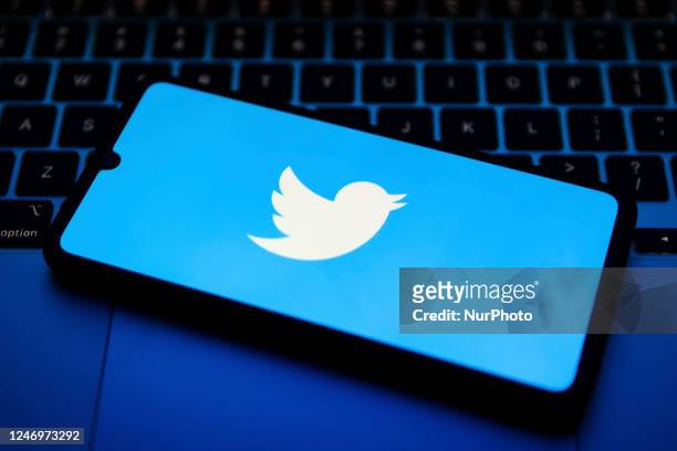 Twitter logo is displayed on a mobile phone screen for illustration photo. Krakow, Poland on February 9, 2023.