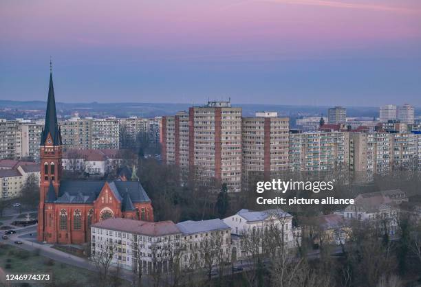February 2023, Brandenburg, Frankfurt : View from a high-rise building of the city center with the Holy Cross Church, a Roman Catholic church, and...