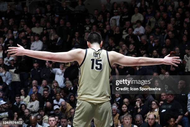 Purdue Boilermakers center Zach Edey plays defense against the Iowa Hawkeyes on February 9 at Mackey Arena in West Lafayette, Indiana.