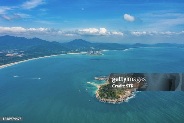 This aerial photo taken on February 9, 2023 shows Boundary Island in Lingshui county, in China's southern Hainan province. - China OUT / China OUT