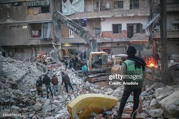 Search and rescue efforts continue following 7.7 and 7.6 magnitude earthquakes centered in Turkiye's Kahramanmaras, in Salqin district of Idlib,...