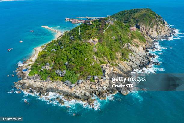 This aerial photo taken on February 9, 2023 shows Boundary Island in Lingshui county, in China's southern Hainan province. - China OUT / China OUT